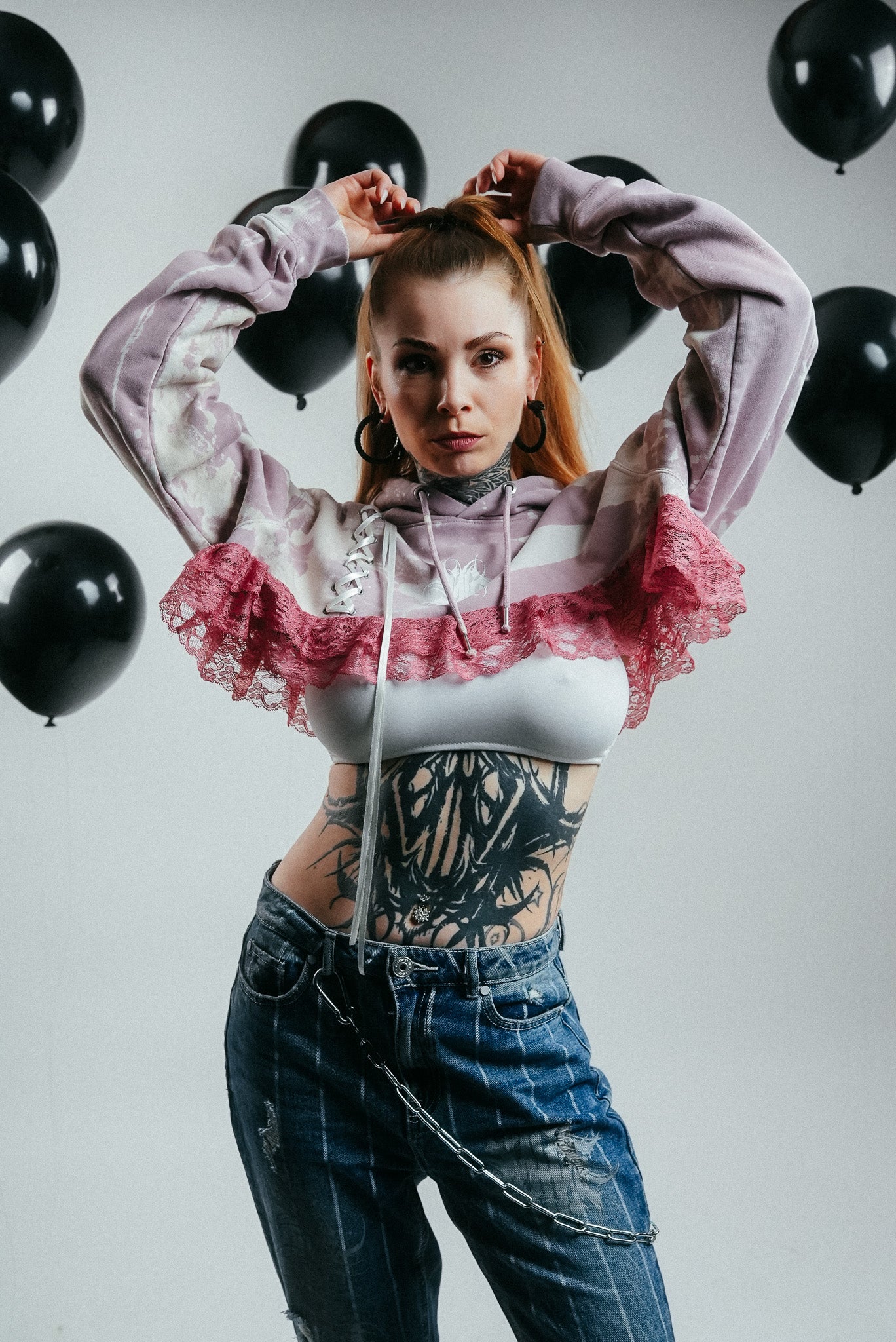 Bleached, pink/purple Cropped Hoodie with Lace