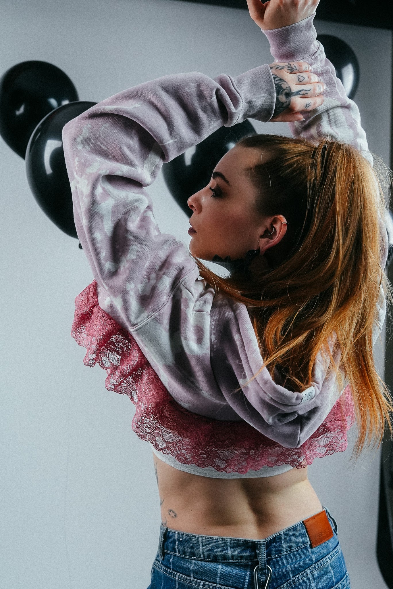 Bleached, pink/purple Cropped Hoodie with Lace
