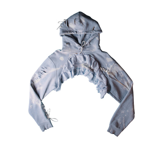 Light Blue Cropped Hoodie with Lace Trim