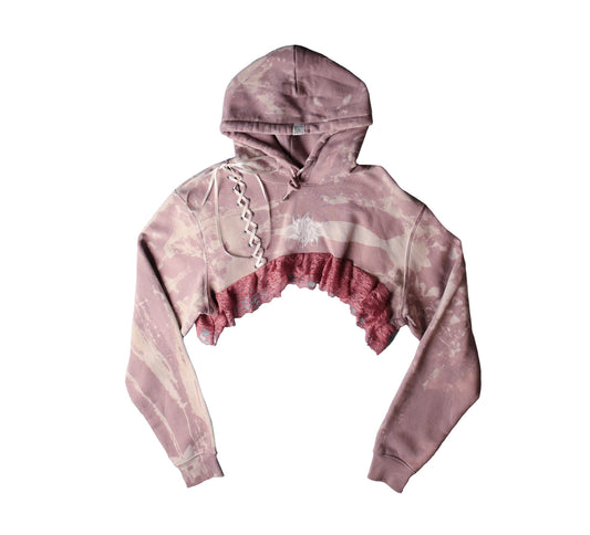 Bleached, pink/purple Cropped Hoodie with Lace