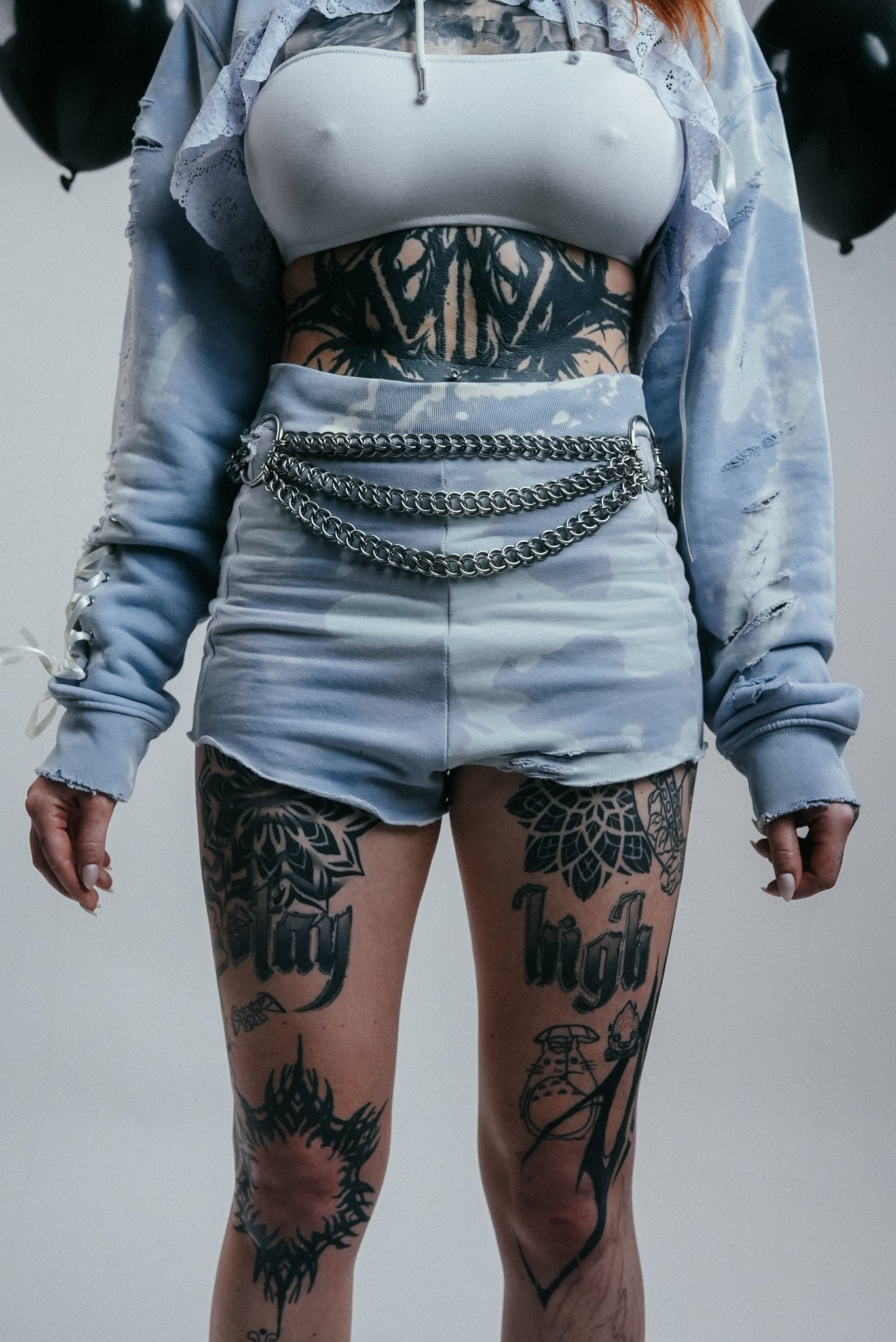 Light Blue shorts with silver Studs & Tie Details.