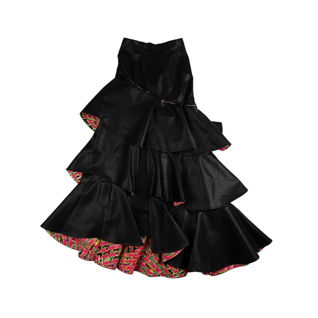 Vegan leather maxi black skirt with ruffles