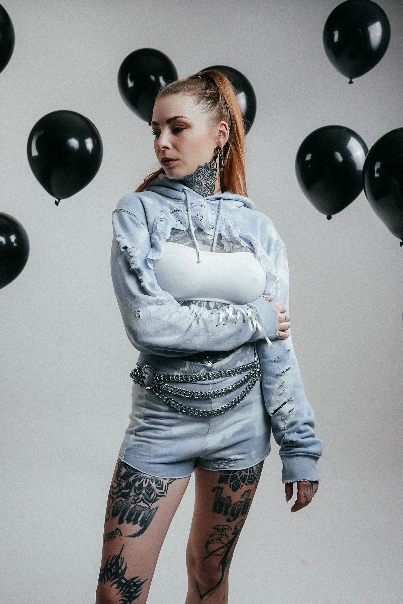 Light Blue Cropped Hoodie with Lace Trim