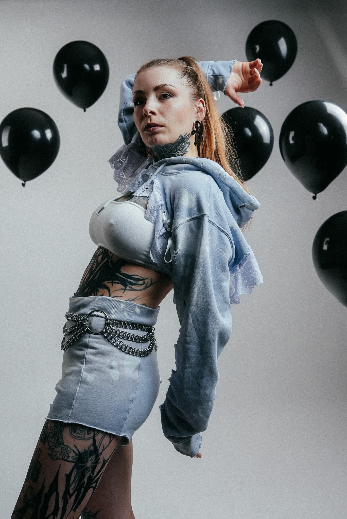 Light Blue Cropped Hoodie with Lace Trim