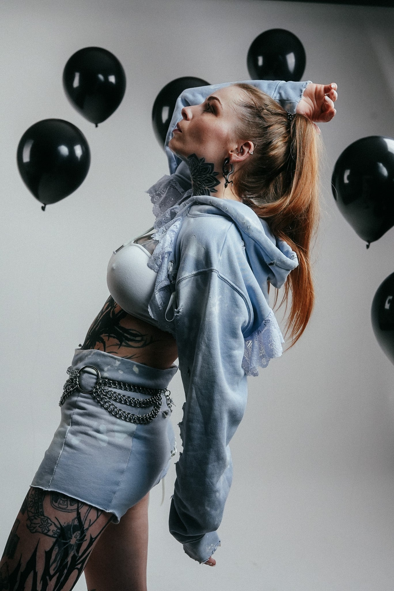 Light Blue Cropped Hoodie with Lace Trim
