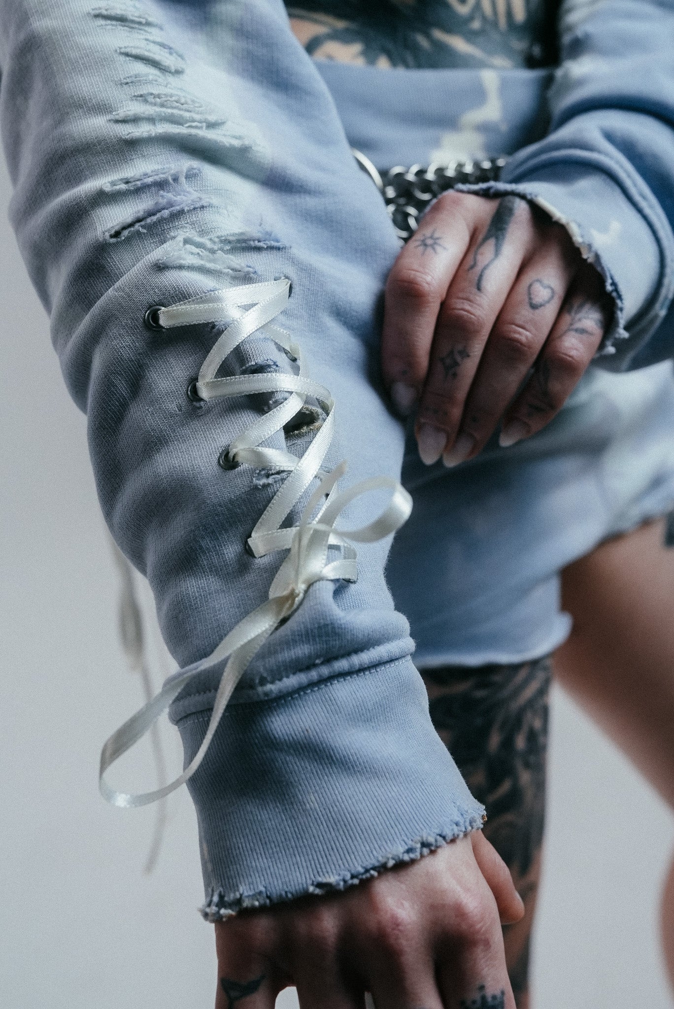Light Blue Cropped Hoodie with Lace Trim