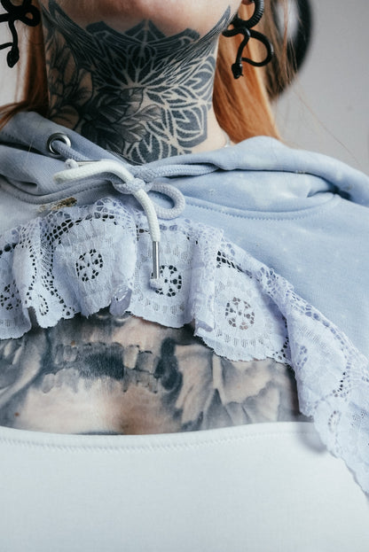 Light Blue Cropped Hoodie with Lace Trim