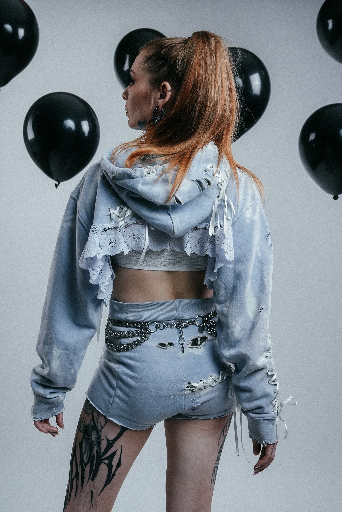 Light Blue Cropped Hoodie with Lace Trim
