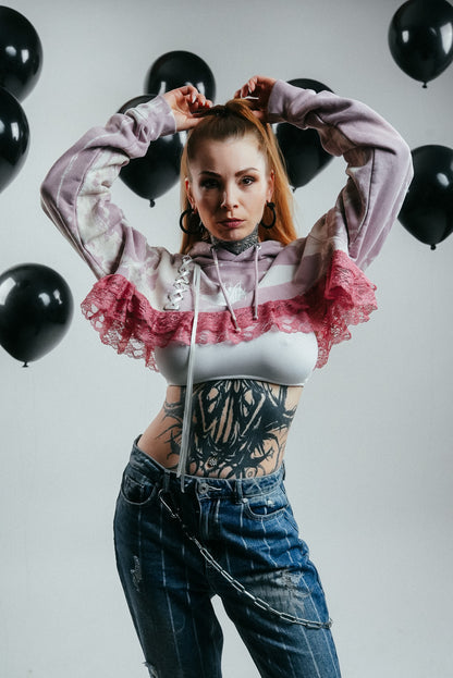Bleached, pink/purple Cropped Hoodie with Lace
