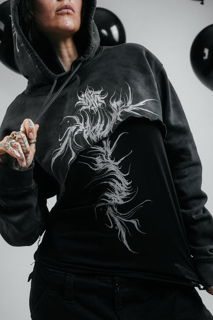 CROPPED DARK WASHED SPIKED HOODIE