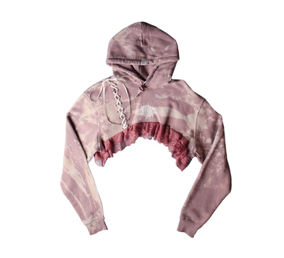 Bleached, pink/purple Cropped Hoodie with Lace