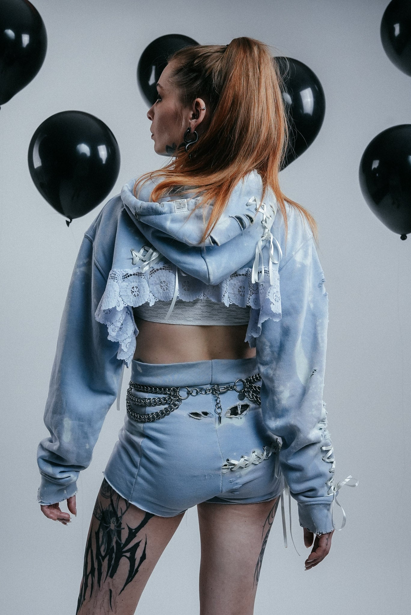 Light Blue shorts with silver Studs & Tie Details.