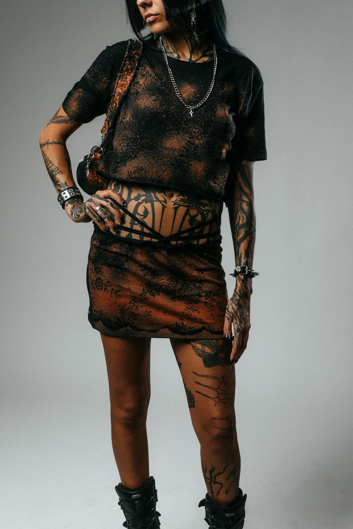 Bleached Lace Print Crop Top & Mini Skirt Set