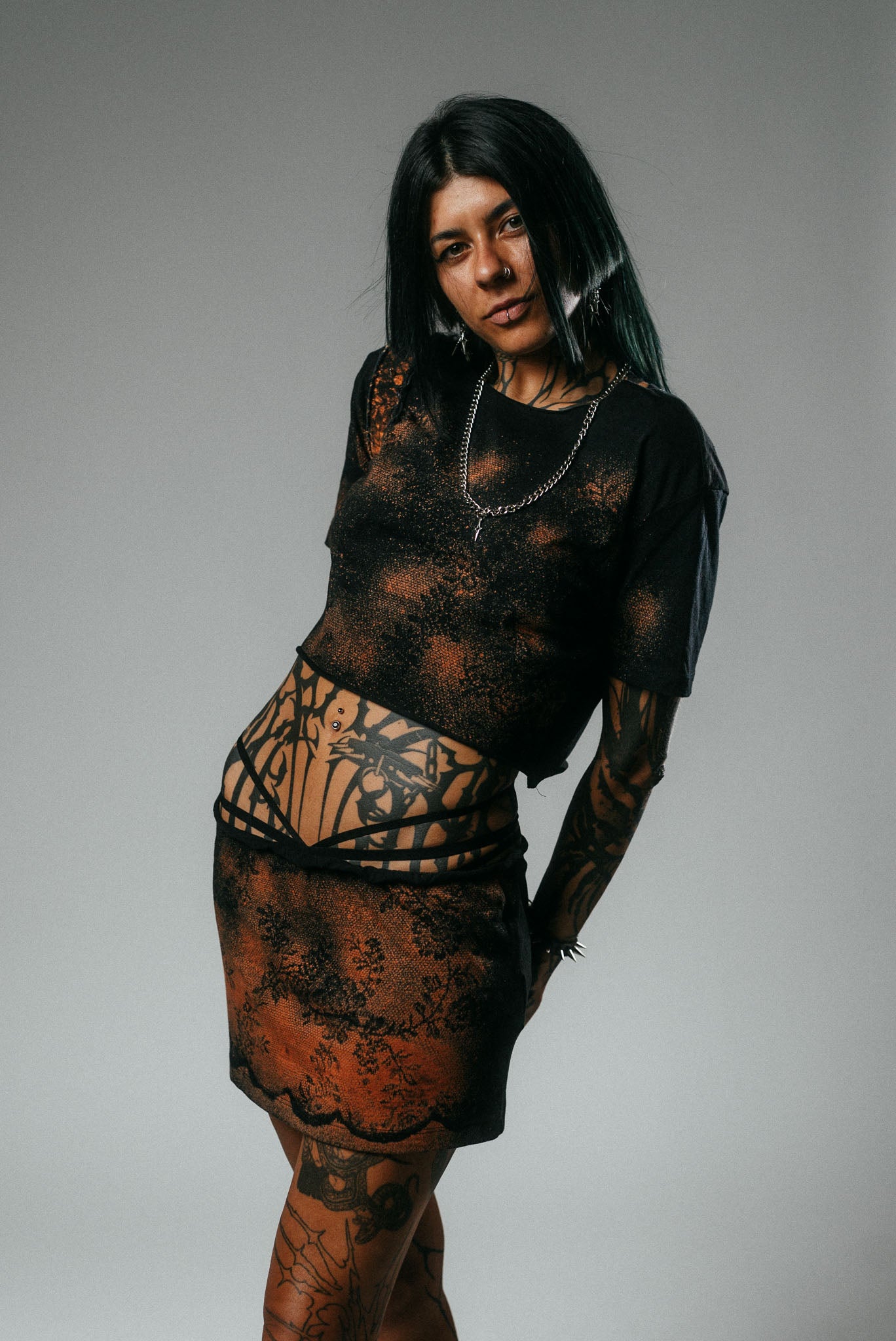 Bleached Lace Print Crop Top & Mini Skirt Set