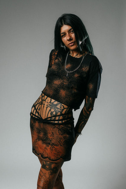 Bleached Lace Print Crop Top & Mini Skirt Set