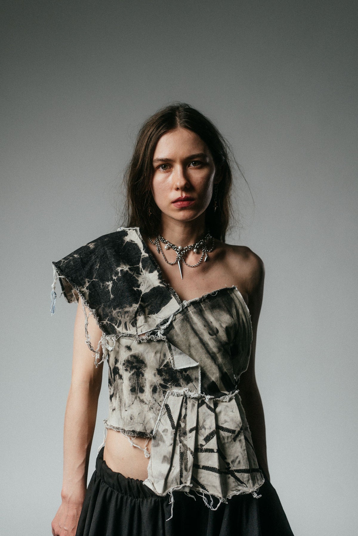 One-Shoulder Bleached Denim Top