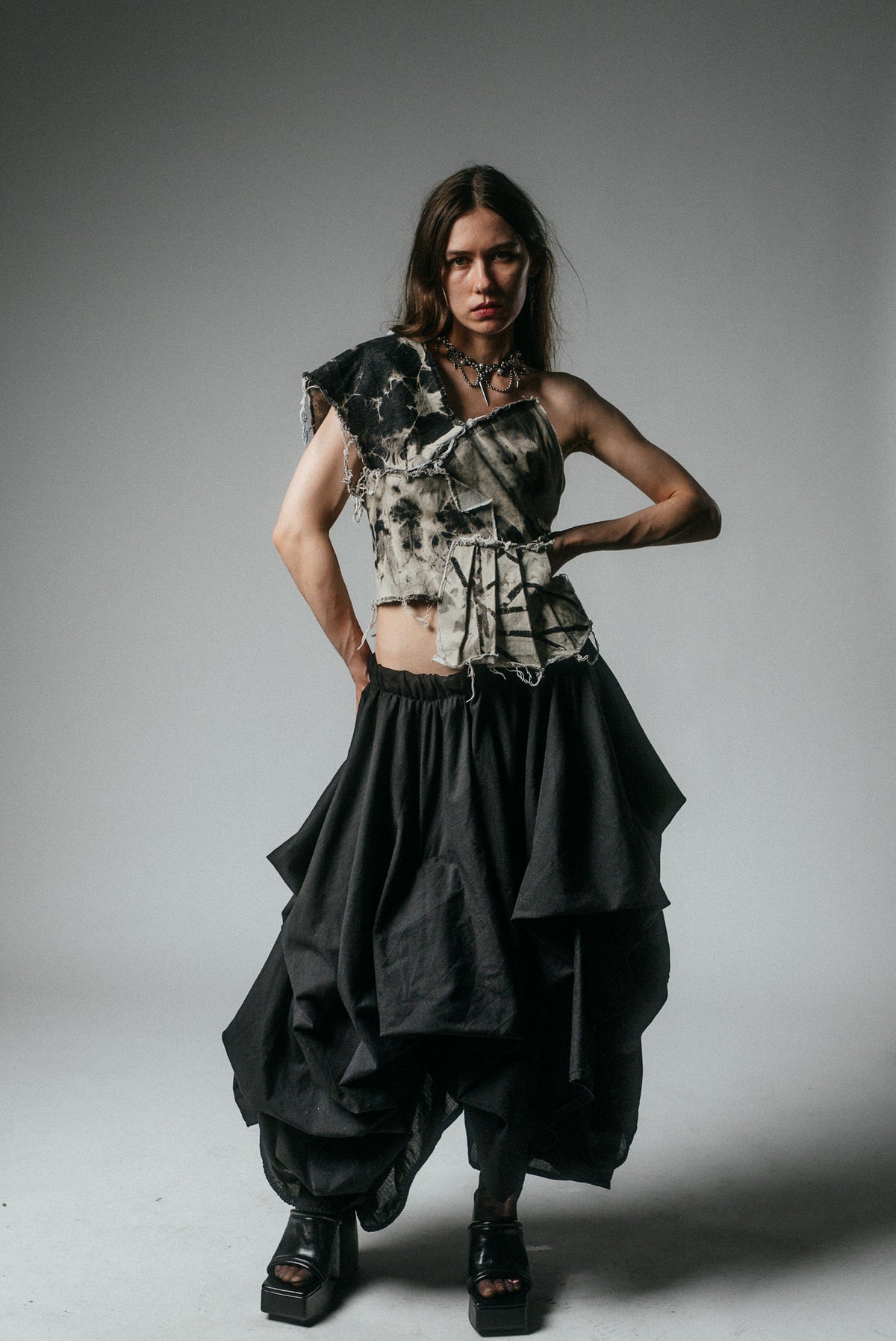 One-Shoulder Bleached Denim Top