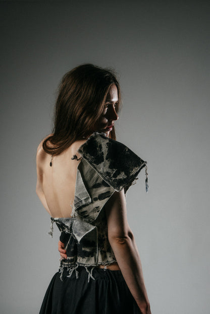 One-Shoulder Bleached Denim Top