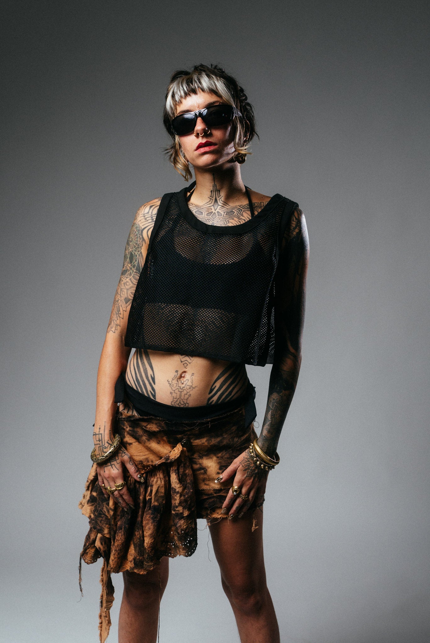 Asymmetric Bleached Denim & Lace Mini Skirt