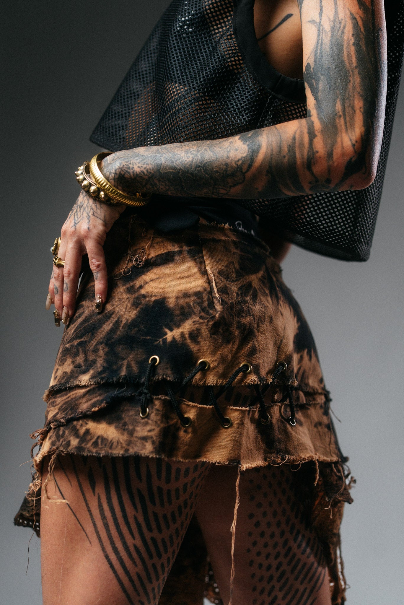 Asymmetric Bleached Denim & Lace Mini Skirt