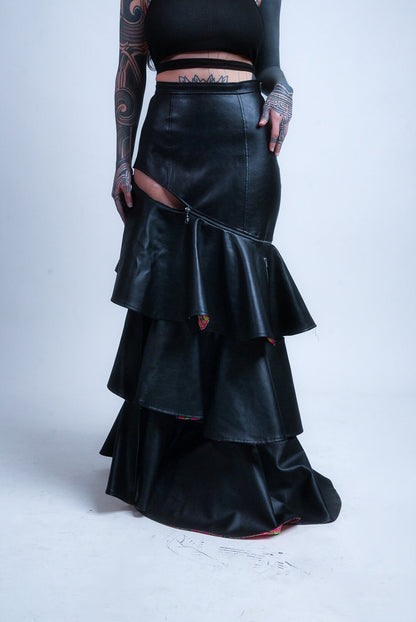 Vegan leather maxi  black skirt with ruffles