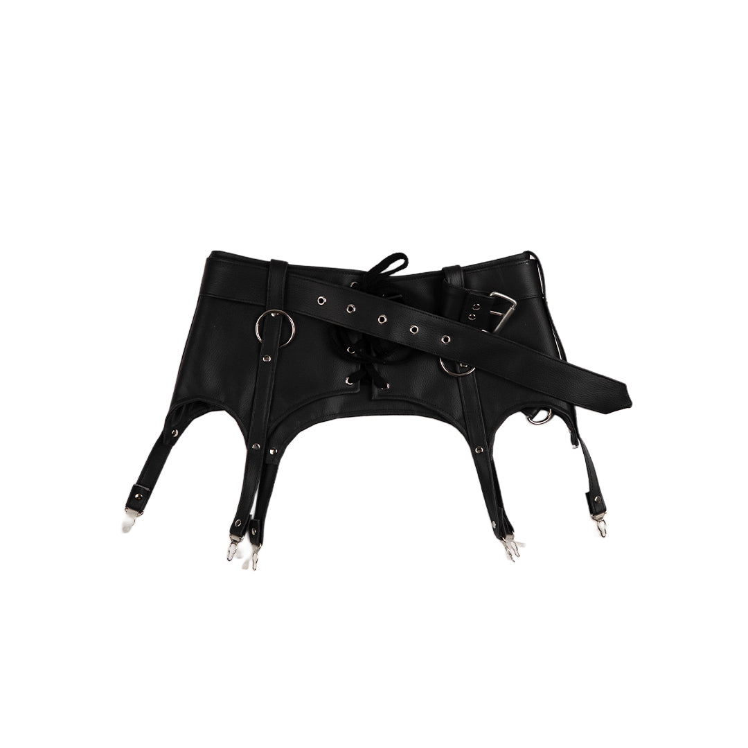 Vegan black leather belt/garter suspenders